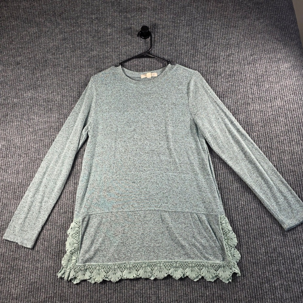 Cactus + Pearl Womens Sage Green Marled Knit Crochet Lace Trim Tunic Top Medium